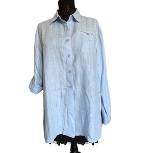 Vintage Light Blue Pastel Linen Cotton Button Down Shirt Tunic Top XL